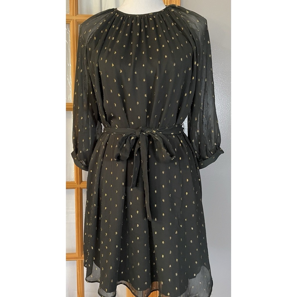 90s Ann Taylor Belted Dress PS Black Metallic Gold Sheer Goth Modern Party City